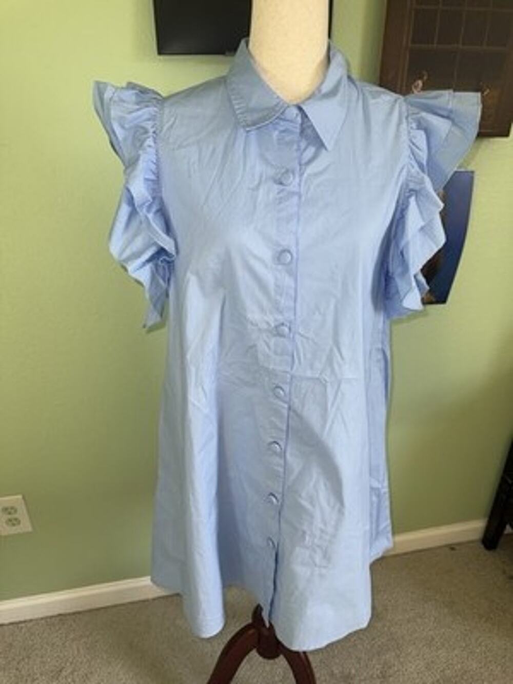 Crown & Ivy Light Blue Ruffle Sleeve Button Front Preppy Dress Womens Large
